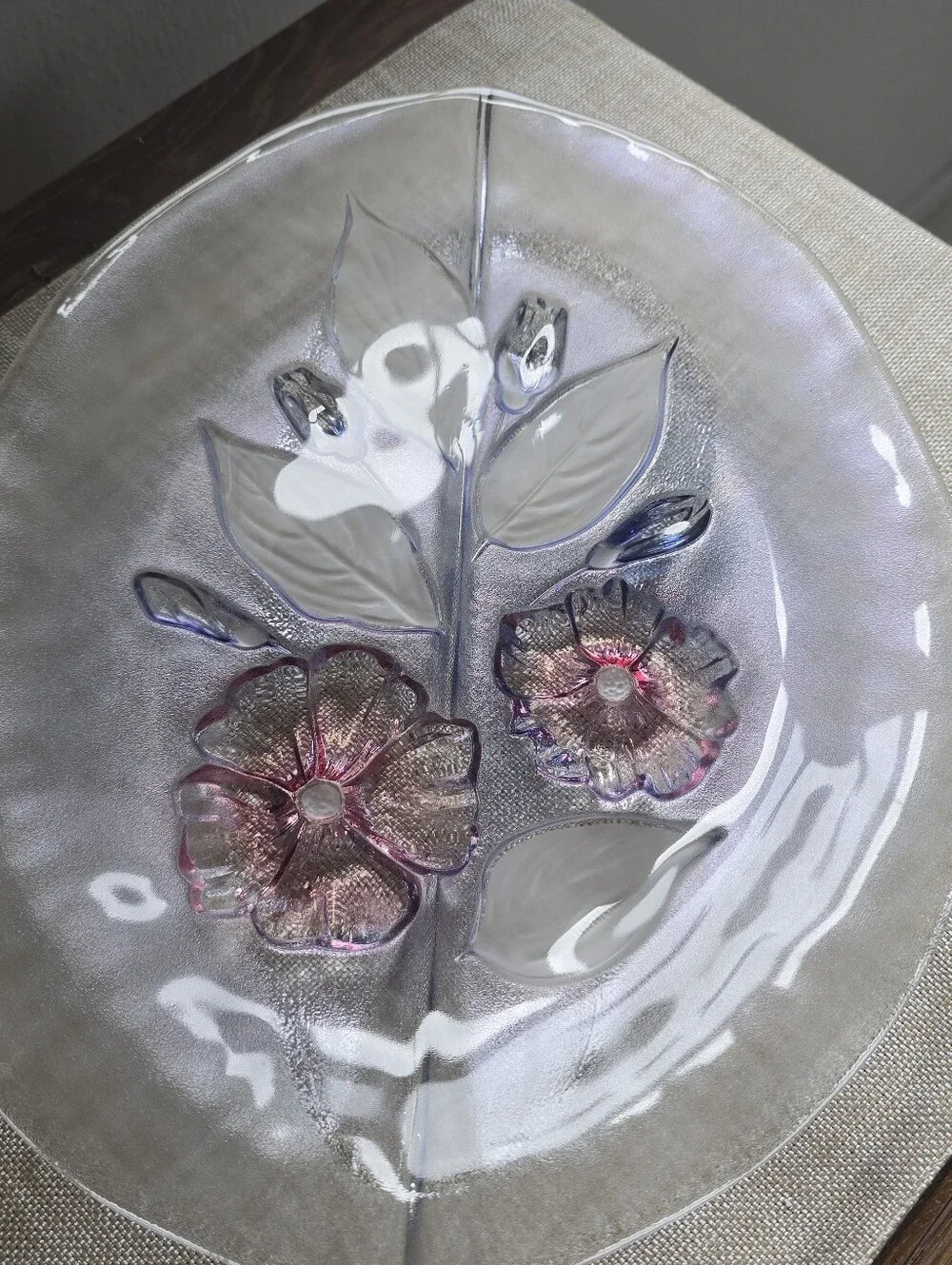 Vintage Frosted Pink Floral Glass Leaf Bowl Plate 11